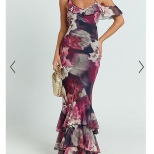 Showpo Red and Pink One Shoulder Gown with Ruffled Tiered Hem